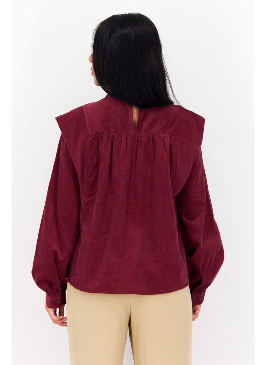 s.Oliver Women Mock Neck Long Sleeve Corduroy Blouse, Maroon  - Image 2