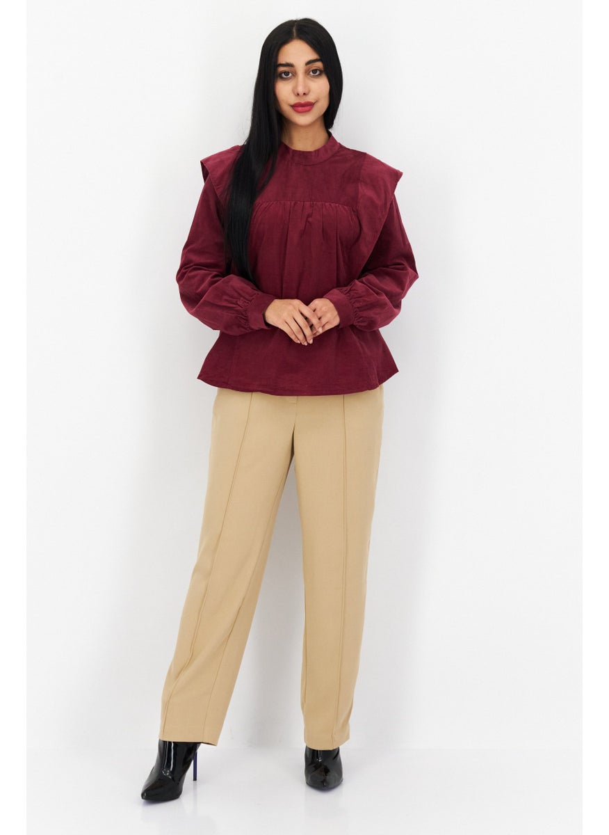 s.Oliver Women Mock Neck Long Sleeve Corduroy Blouse, Maroon  - Image 4