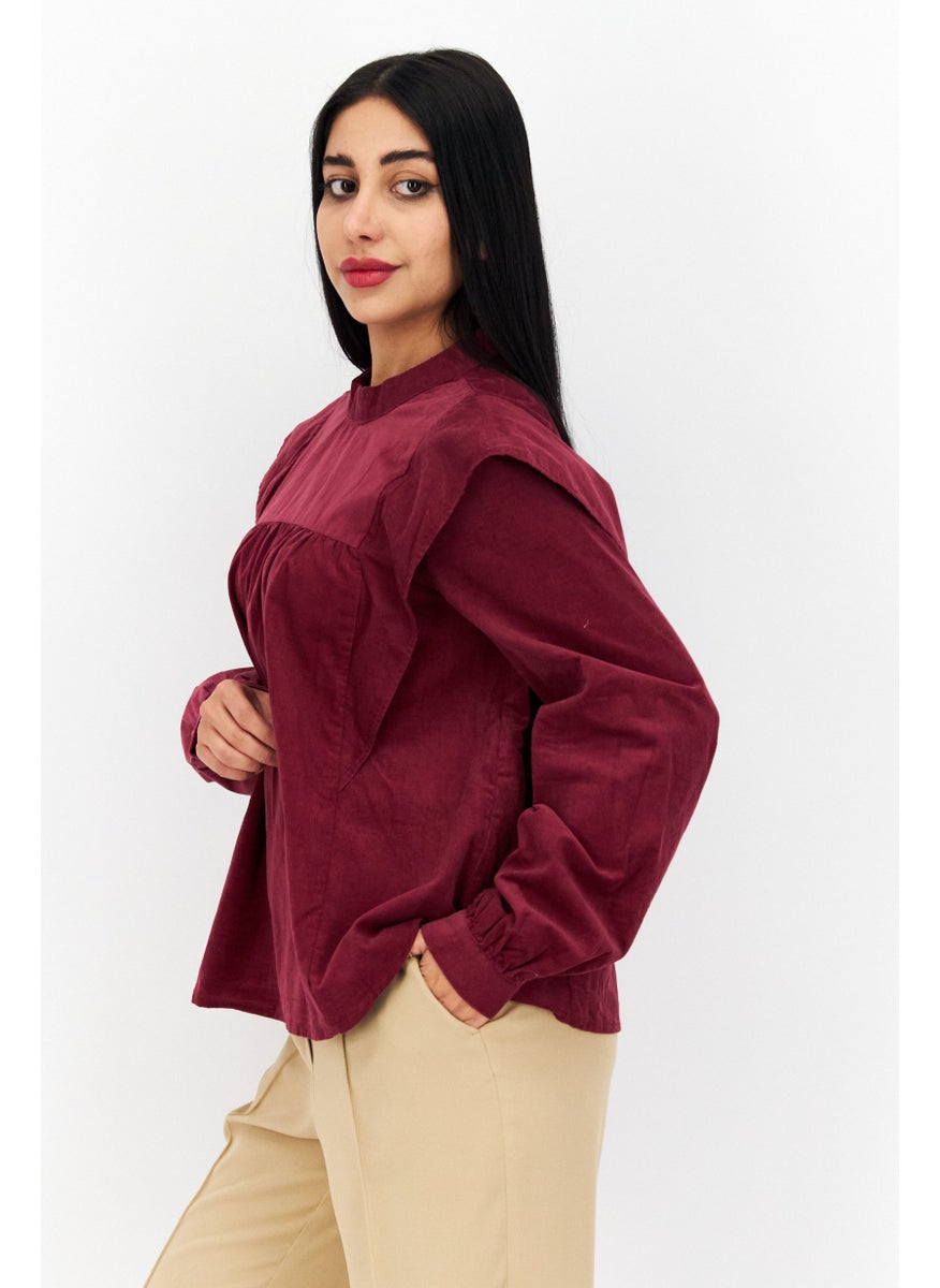 s.Oliver Women Mock Neck Long Sleeve Corduroy Blouse, Maroon  - Image 3