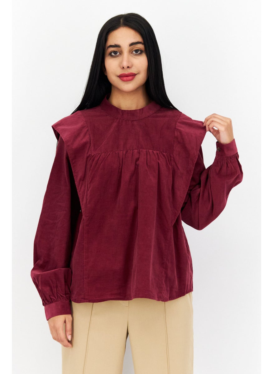 s.Oliver Women Mock Neck Long Sleeve Corduroy Blouse, Maroon  - Image 1