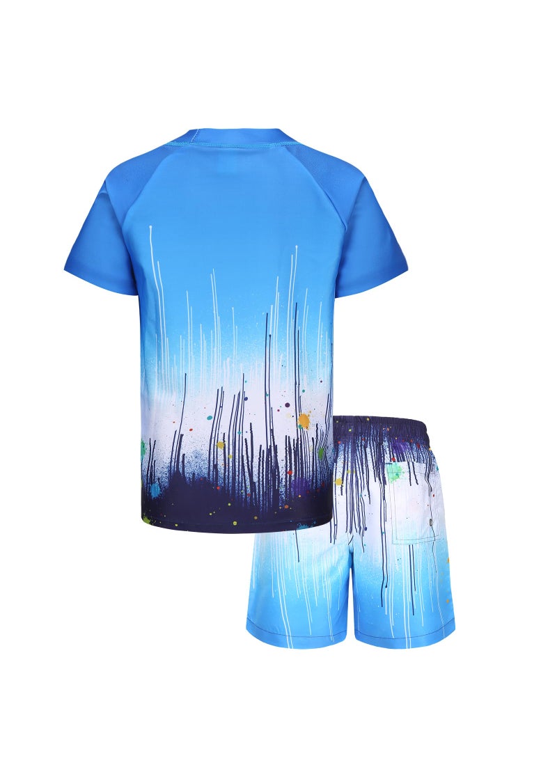 Lollisy Big Boys Rash Guard Swimsuits Set for Boys 2 Piece Short Sleeve Swim Shirts Quick Dry Bathing Suits with Trunks Blue Splash Size 10/8-10 Years  - Image 2