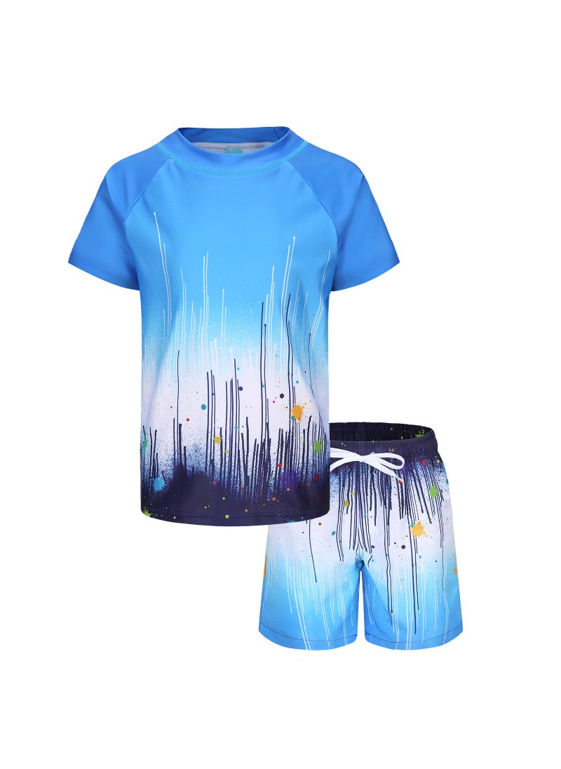 Lollisy Big Boys Rash Guard Swimsuits Set for Boys 2 Piece Short Sleeve Swim Shirts Quick Dry Bathing Suits with Trunks Blue Splash Size 10/8-10 Years  - Image 1