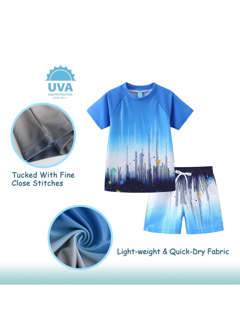Lollisy Big Boys Rash Guard Swimsuits Set for Boys 2 Piece Short Sleeve Swim Shirts Quick Dry Bathing Suits with Trunks Blue Splash Size 10/8-10 Years  - Image 3
