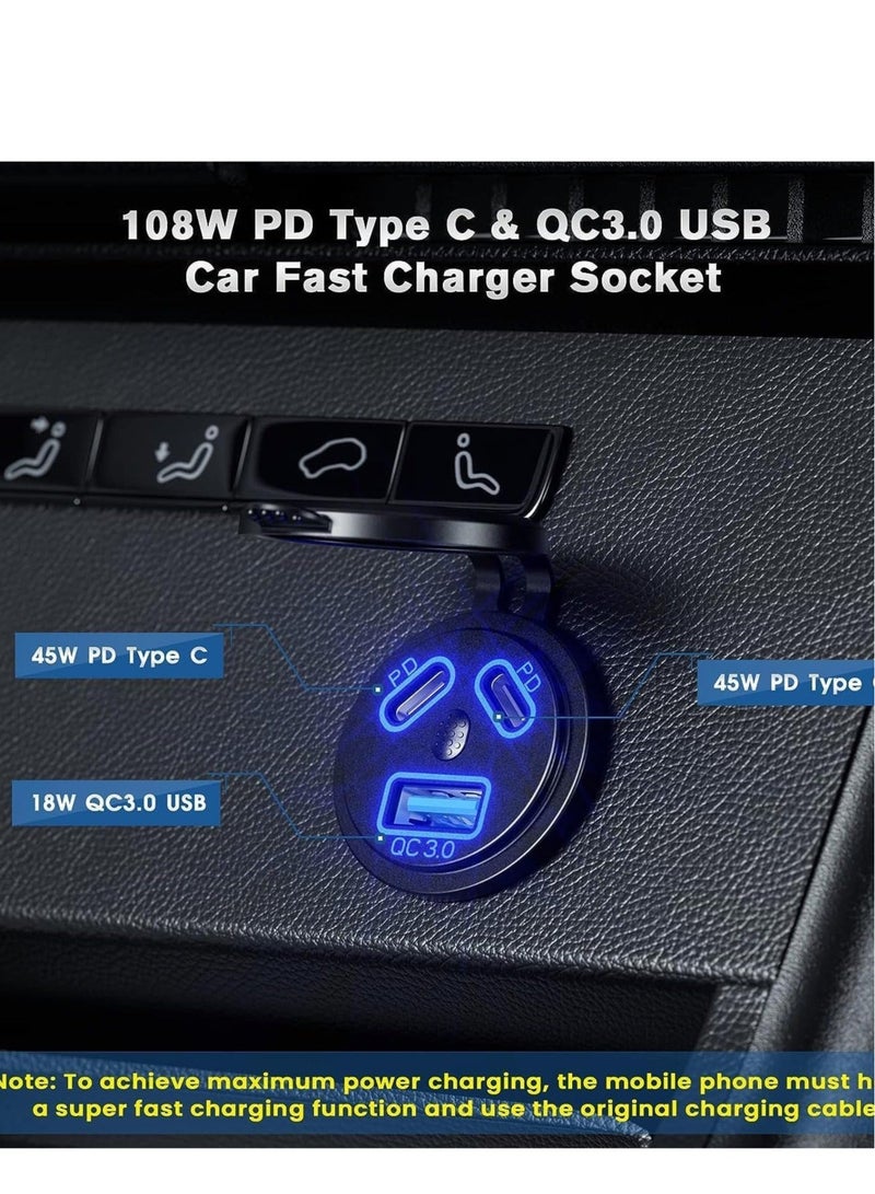 Captaintech Type C USB Car Charger Quick Charge Dual Port Fast Socket Power Waterproof 12V/24V Marine Boat Motorcycle Adapter with LED Voltmeter for Truck - Image 2