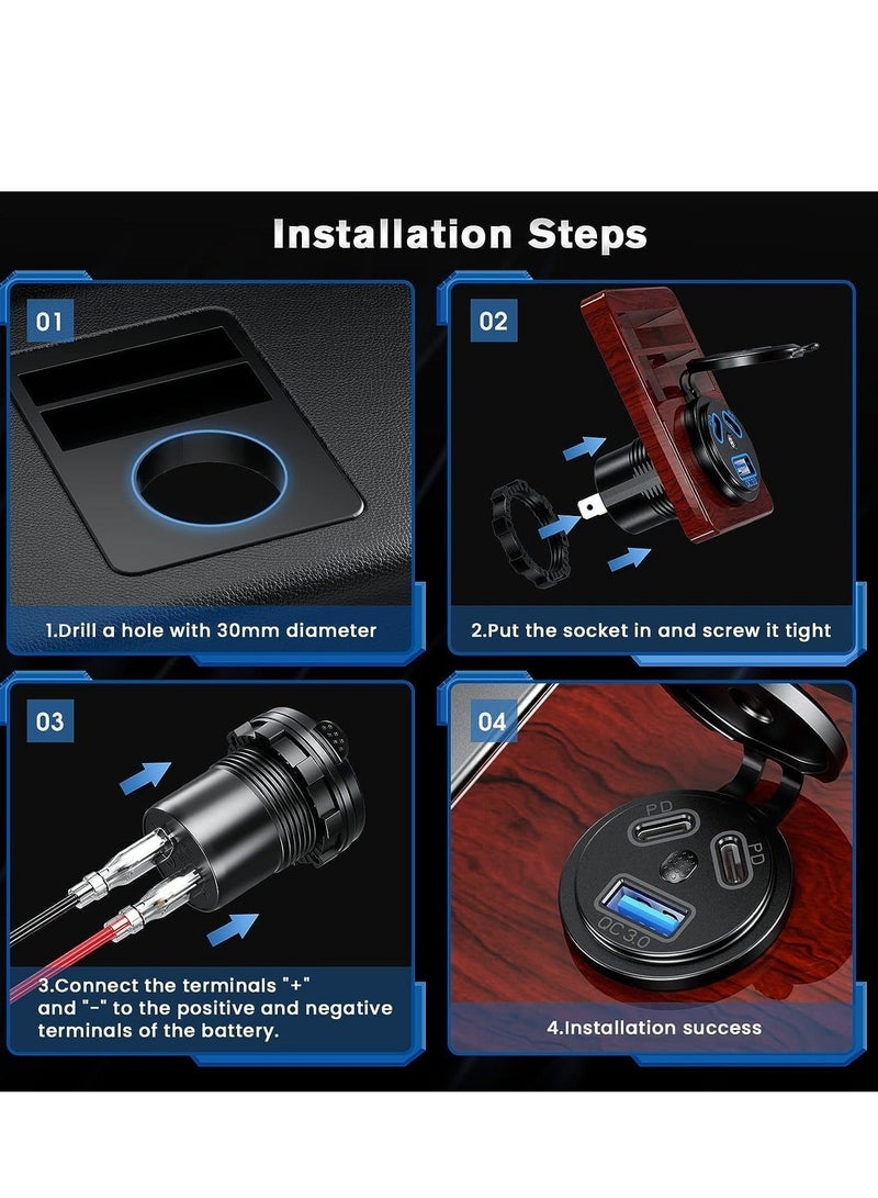 Captaintech Type C USB Car Charger Quick Charge Dual Port Fast Socket Power Waterproof 12V/24V Marine Boat Motorcycle Adapter with LED Voltmeter for Truck - Image 5