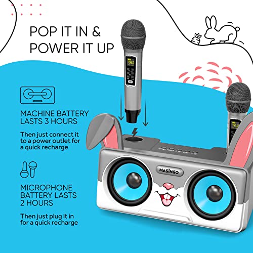 MASINGO Rabbit Karaoke Machine for Kids, Children and Toddlers with 2 Wireless Bluetooth Microphones, Portable PA Speaker System Includes Lyrics Display Phone Holder, TV Cable and Singer Vocal Removal Mode - Image 3