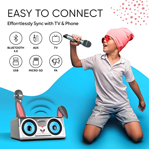 MASINGO Rabbit Karaoke Machine for Kids, Children and Toddlers with 2 Wireless Bluetooth Microphones, Portable PA Speaker System Includes Lyrics Display Phone Holder, TV Cable and Singer Vocal Removal Mode - Image 5