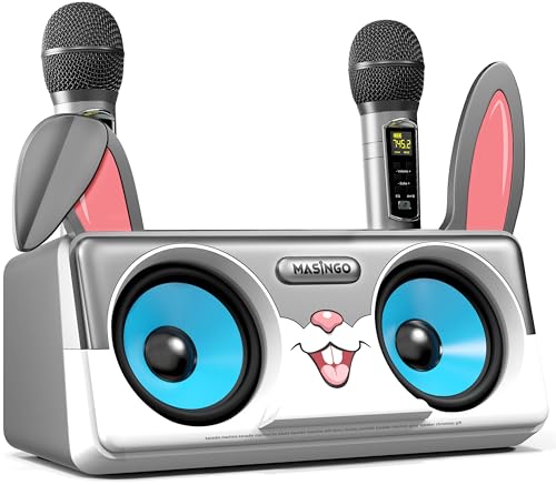 MASINGO Rabbit Karaoke Machine for Kids, Children and Toddlers with 2 Wireless Bluetooth Microphones, Portable PA Speaker System Includes Lyrics Display Phone Holder, TV Cable and Singer Vocal Removal Mode - Image 1