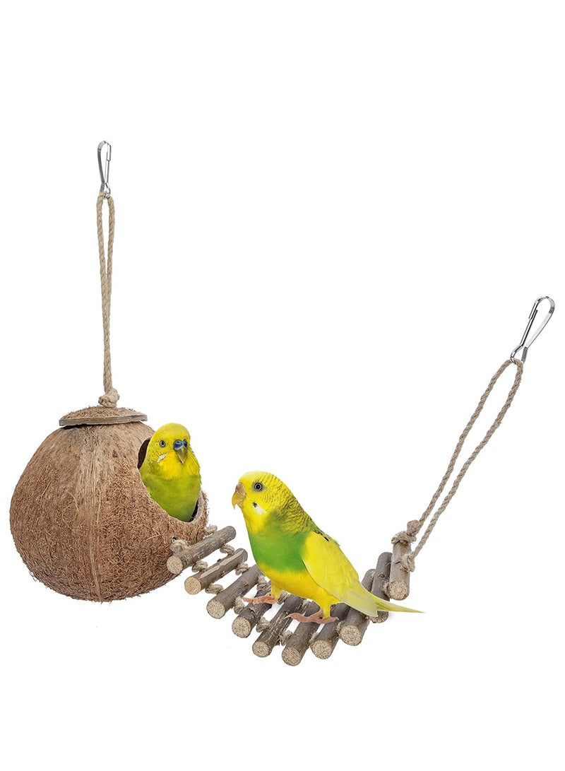 RATSAW Natural Coconut Fiber Shell Bird Nest, Hanging Coconut House Coconut Bird Nest Hut with Ladder Toys for Canary Parrot Parakeet  Lovebird and Hamster - Image 1