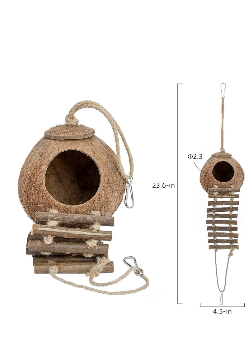 RATSAW Natural Coconut Fiber Shell Bird Nest, Hanging Coconut House Coconut Bird Nest Hut with Ladder Toys for Canary Parrot Parakeet  Lovebird and Hamster - Image 2