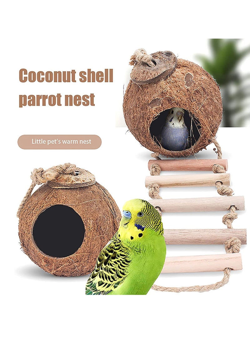 RATSAW Natural Coconut Fiber Shell Bird Nest, Hanging Coconut House Coconut Bird Nest Hut with Ladder Toys for Canary Parrot Parakeet  Lovebird and Hamster - Image 3