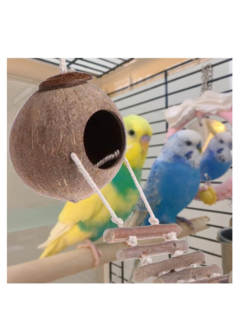 RATSAW Natural Coconut Fiber Shell Bird Nest, Hanging Coconut House Coconut Bird Nest Hut with Ladder Toys for Canary Parrot Parakeet  Lovebird and Hamster - Image 5