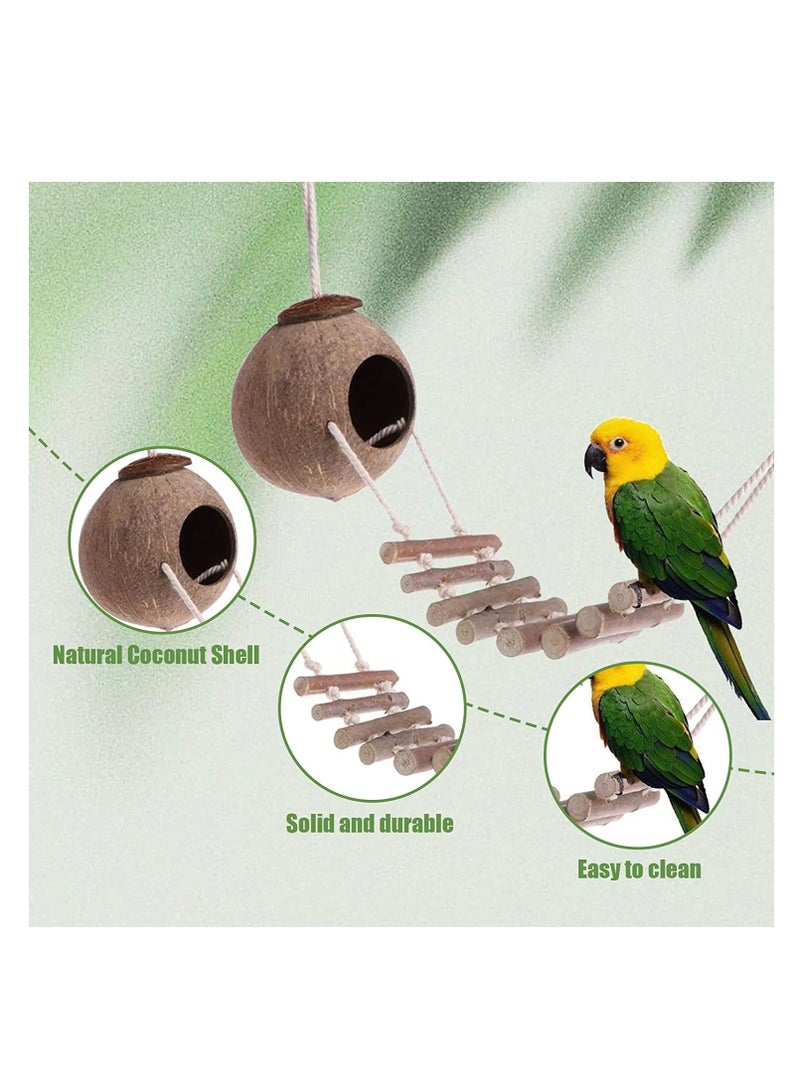 RATSAW Natural Coconut Fiber Shell Bird Nest, Hanging Coconut House Coconut Bird Nest Hut with Ladder Toys for Canary Parrot Parakeet  Lovebird and Hamster - Image 4