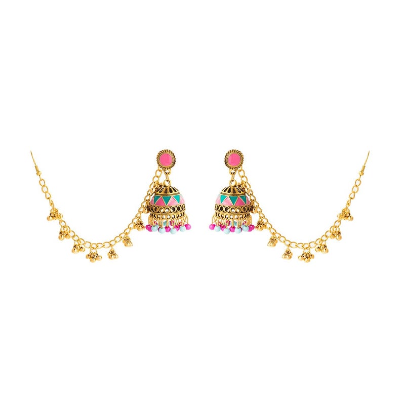 Cykdohy Vintage Indian Colorful Bell Tassel Dangle Drop Earrings for Women Boho Multicolor Jhumka Jhumki Stud Earring with Hair Chain Bohemian Ethnic Mexico Gypsy Bollywood Statement Fashion Jewelry - Image 1