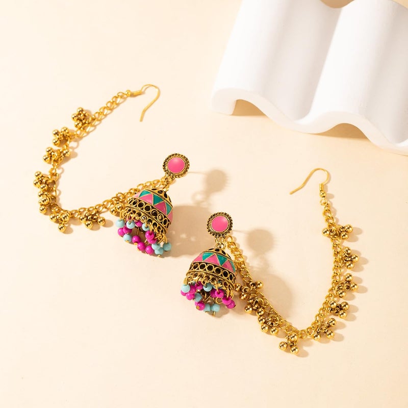 Cykdohy Vintage Indian Colorful Bell Tassel Dangle Drop Earrings for Women Boho Multicolor Jhumka Jhumki Stud Earring with Hair Chain Bohemian Ethnic Mexico Gypsy Bollywood Statement Fashion Jewelry - Image 3