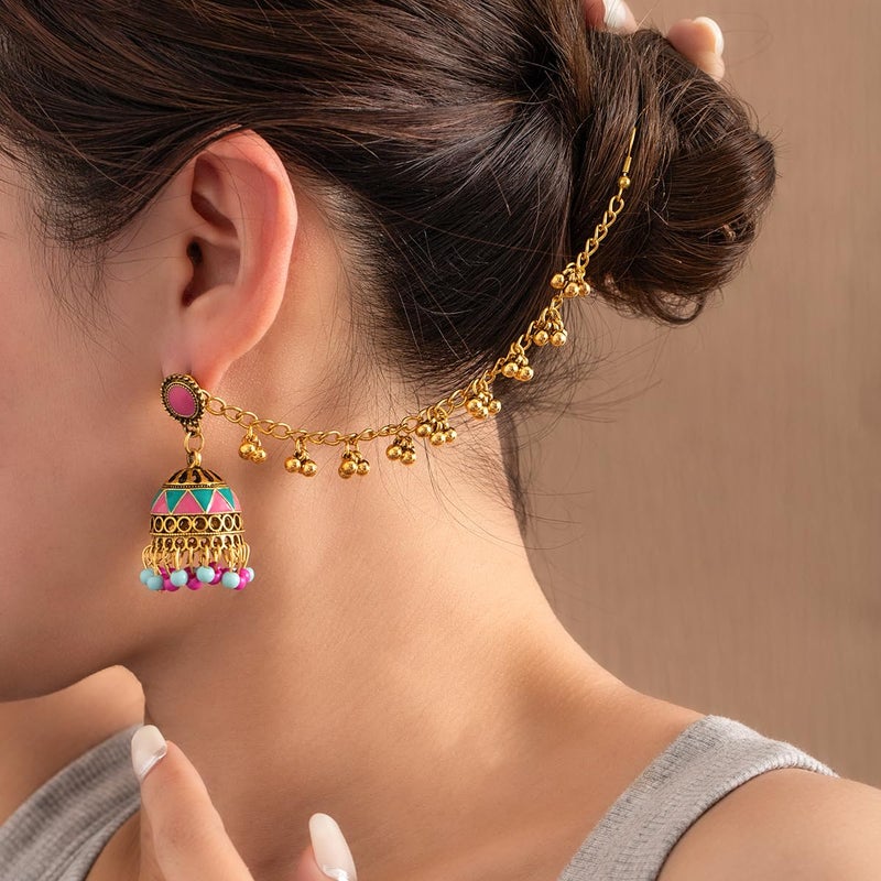Cykdohy Vintage Indian Colorful Bell Tassel Dangle Drop Earrings for Women Boho Multicolor Jhumka Jhumki Stud Earring with Hair Chain Bohemian Ethnic Mexico Gypsy Bollywood Statement Fashion Jewelry - Image 2