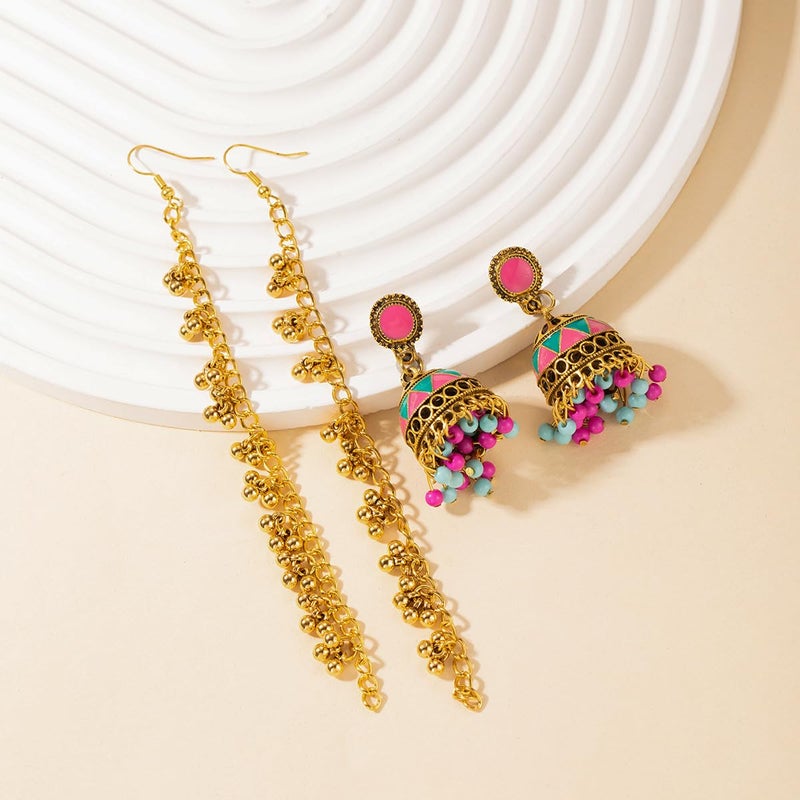 Cykdohy Vintage Indian Colorful Bell Tassel Dangle Drop Earrings for Women Boho Multicolor Jhumka Jhumki Stud Earring with Hair Chain Bohemian Ethnic Mexico Gypsy Bollywood Statement Fashion Jewelry - Image 5