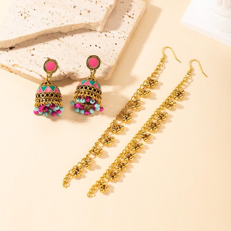 Cykdohy Vintage Indian Colorful Bell Tassel Dangle Drop Earrings for Women Boho Multicolor Jhumka Jhumki Stud Earring with Hair Chain Bohemian Ethnic Mexico Gypsy Bollywood Statement Fashion Jewelry - Image 4