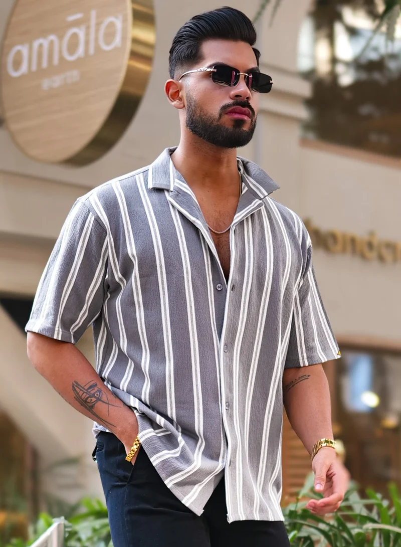 Maniac Maniac Mens Vertical Stripes Half Sleeve Terry Fabric Grey Slim Fit Shirt