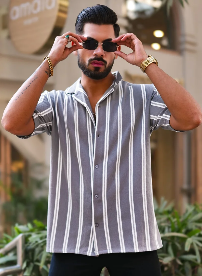 Maniac Maniac Mens Vertical Stripes Half Sleeve Terry Fabric Grey Slim Fit Shirt