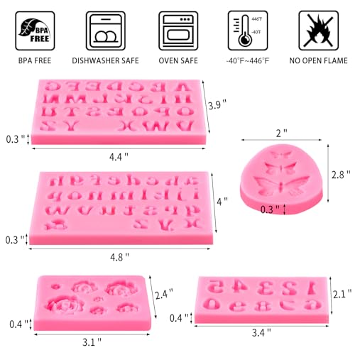 CLUEWR 5 PCS Silicone Letter Molds, Non-Stick Number Rose Flower Butterfly Fondant Molds for Chocolate, Candy, Cake Decoration, Cupcake Topper - Image 2