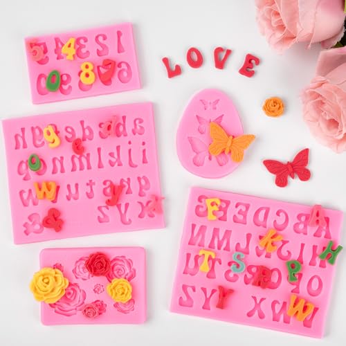 CLUEWR 5 PCS Silicone Letter Molds, Non-Stick Number Rose Flower Butterfly Fondant Molds for Chocolate, Candy, Cake Decoration, Cupcake Topper - Image 5