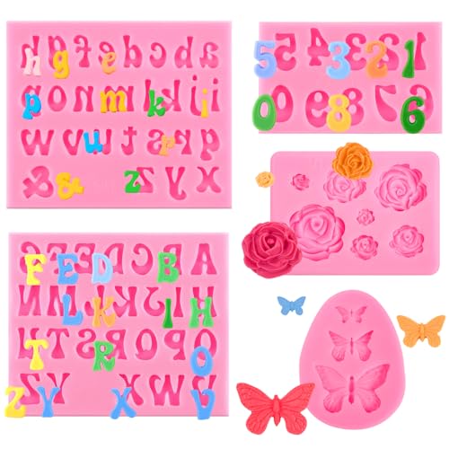 CLUEWR 5 PCS Silicone Letter Molds, Non-Stick Number Rose Flower Butterfly Fondant Molds for Chocolate, Candy, Cake Decoration, Cupcake Topper - Image 1
