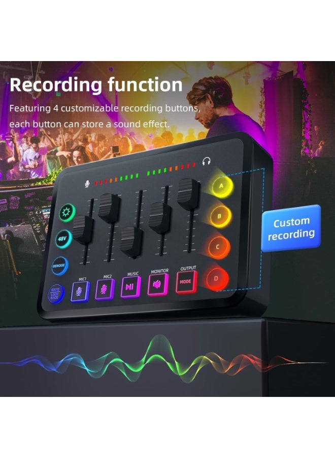 HD Gaming Audio Mixer Rechargeable Audio Interface RGB Mixer with XLR Mic Interface 48V Phantom Power for Podcast/Recording Black - Image 1