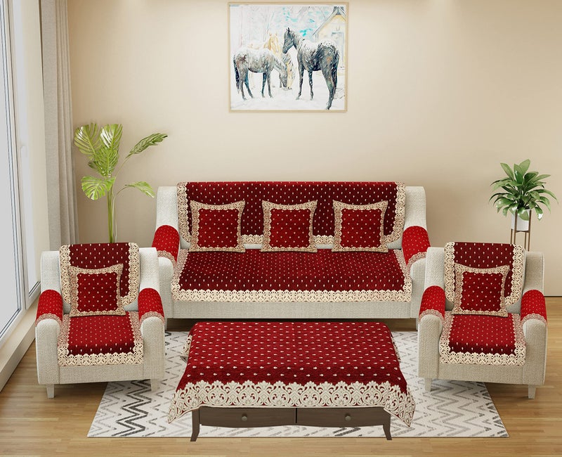 Dazzling DECOR Sofa Seater Slip Covers with Arm and Cushion and Table - 3+2 Seater Velvet Sofa Set for Single Sofa Couch - 5 Seater Sofa Seat Protector Slip and Back 2801_Maroon - Image 1
