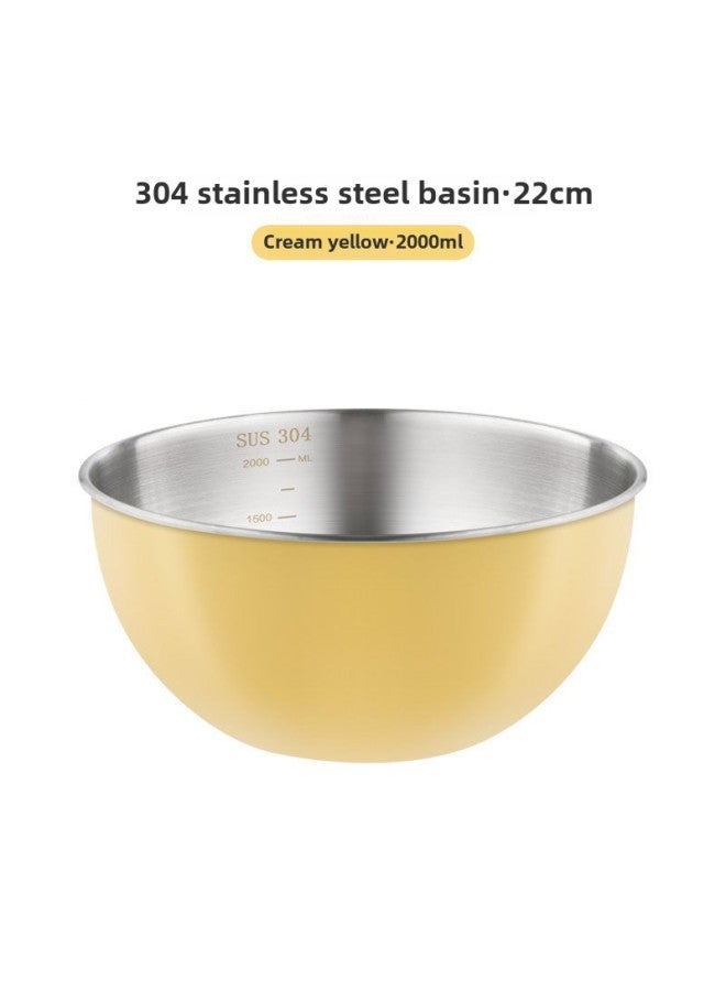 Egg Bowl Stainless Steel 304 Food Grade Kneading Baking Special Bowl Basin Household Kitchen Dish Washing Dishes And Noodles-Color:Cream Yellow-22CM  - Image 1