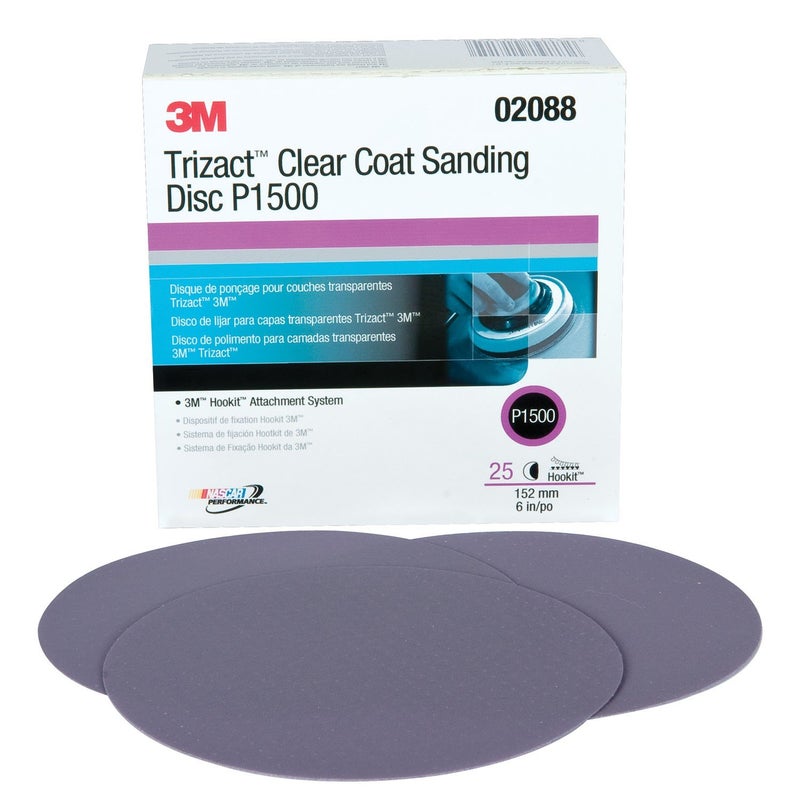 3M 02088 Trizact Hookit 6" P1500 Grit Clear Coat Sanding Disc, (Box of 25)