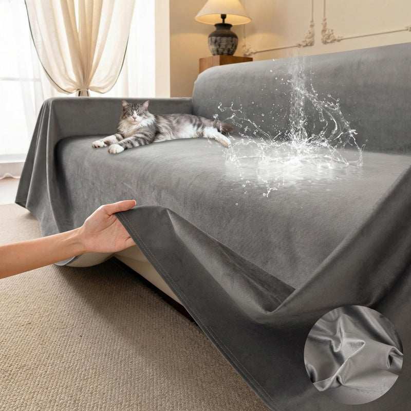 Loiion Velvet Sofa Cover, Ultra Soft Waterproof Non-Slip Couch Cover for Pets, Cat-Scratch Resistant Couch Cover, Pet & Kid Proof Scratch & Hair Resistant Washable Furniture Protector 134"X71" Grey - Image 1