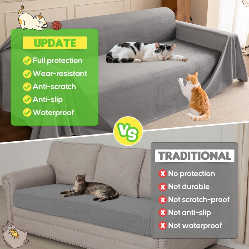 Loiion Velvet Sofa Cover, Ultra Soft Waterproof Non-Slip Couch Cover for Pets, Cat-Scratch Resistant Couch Cover, Pet & Kid Proof Scratch & Hair Resistant Washable Furniture Protector 134"X71" Grey - Image 5