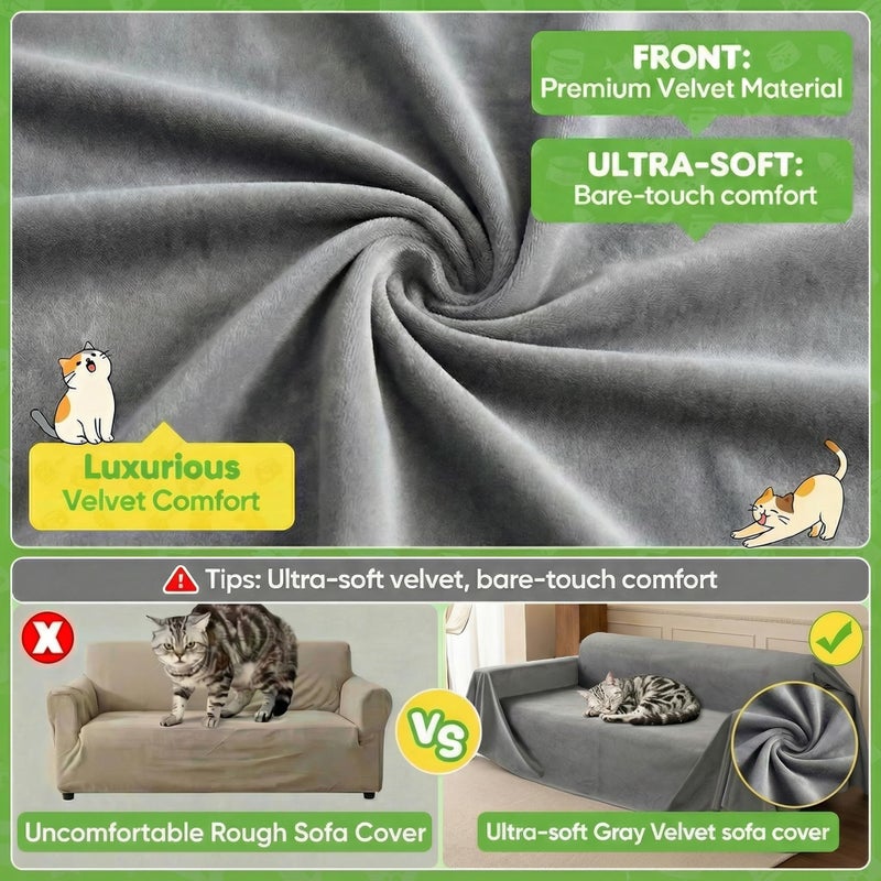 Loiion Velvet Sofa Cover, Ultra Soft Waterproof Non-Slip Couch Cover for Pets, Cat-Scratch Resistant Couch Cover, Pet & Kid Proof Scratch & Hair Resistant Washable Furniture Protector 134"X71" Grey - Image 3