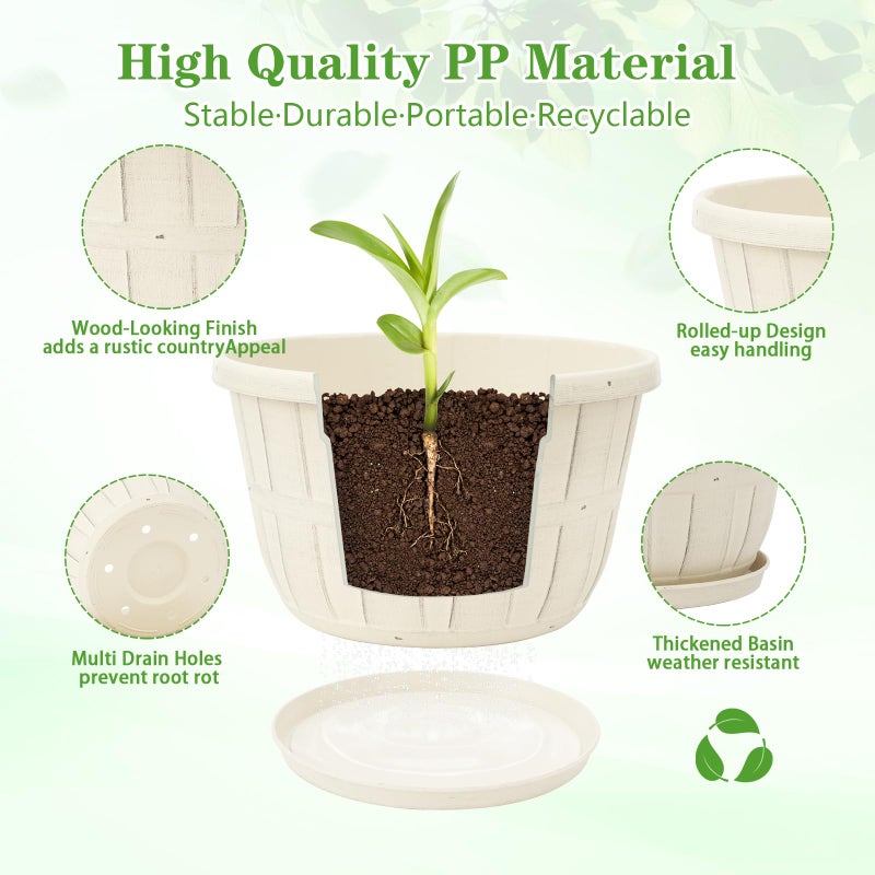 Quarut 10 inch Plastic Flower Pots for Indoor Plantsï¼Œ4 Pack Large Outdoor Planter Pot with Drainage Holes & Saucersï¼ŒImitation Wine Barrel Designï¼Œfor Indoor Outdoor Garden Plantsï¼ˆWhiteï¼‰ - Image 2