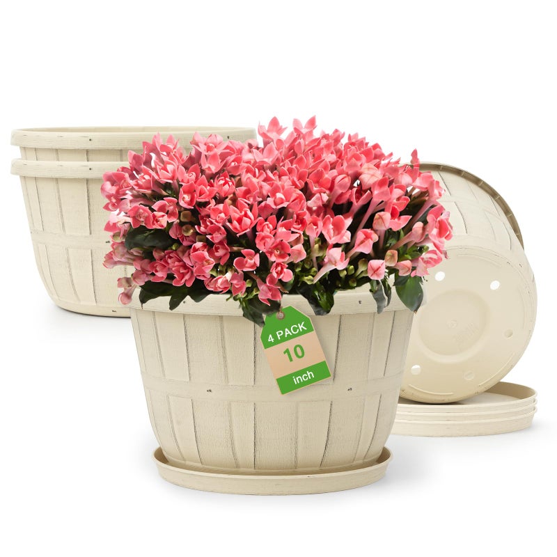 Quarut 10 inch Plastic Flower Pots for Indoor Plantsï¼Œ4 Pack Large Outdoor Planter Pot with Drainage Holes & Saucersï¼ŒImitation Wine Barrel Designï¼Œfor Indoor Outdoor Garden Plantsï¼ˆWhiteï¼‰ - Image 1
