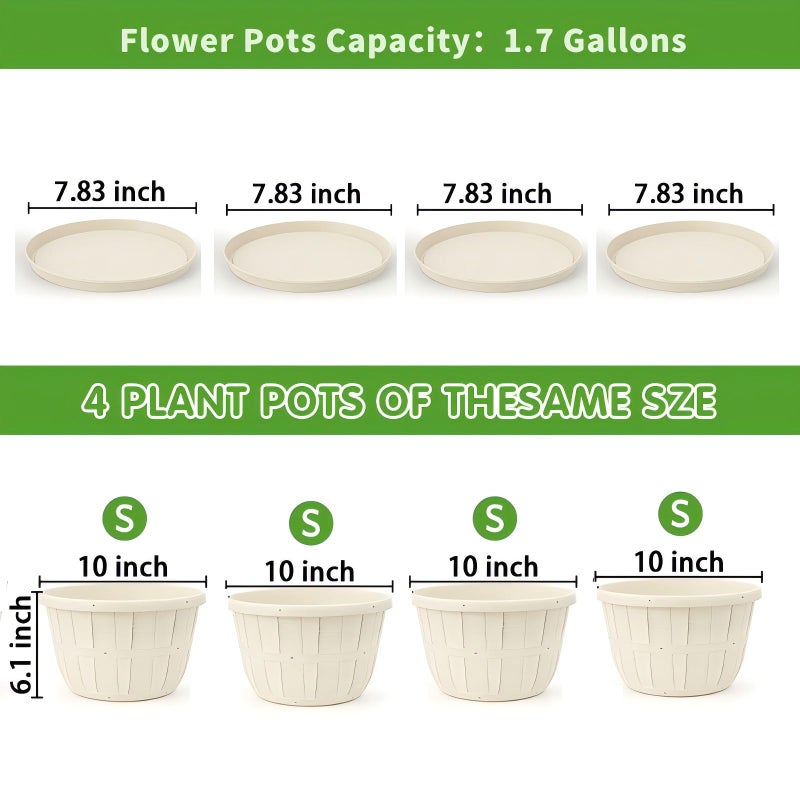 Quarut 10 inch Plastic Flower Pots for Indoor Plantsï¼Œ4 Pack Large Outdoor Planter Pot with Drainage Holes & Saucersï¼ŒImitation Wine Barrel Designï¼Œfor Indoor Outdoor Garden Plantsï¼ˆWhiteï¼‰ - Image 4