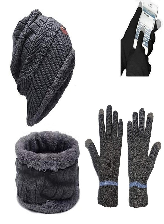 BeFall Woolen Beanie/Winter Cap & Neck Warmer (Muffler) Touchscreen Gloves Set Combo Winters for Men & Women | Winter Woolen Cap - Image 1