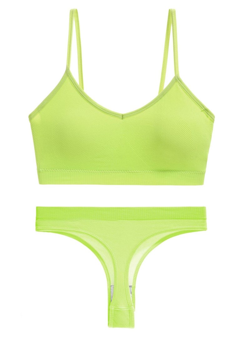 Loquat Women's Solid Color Lingerie Set 2-piece Seamless Wireless Bra+Low Waisted Thong Shorts Sport Suit Green 