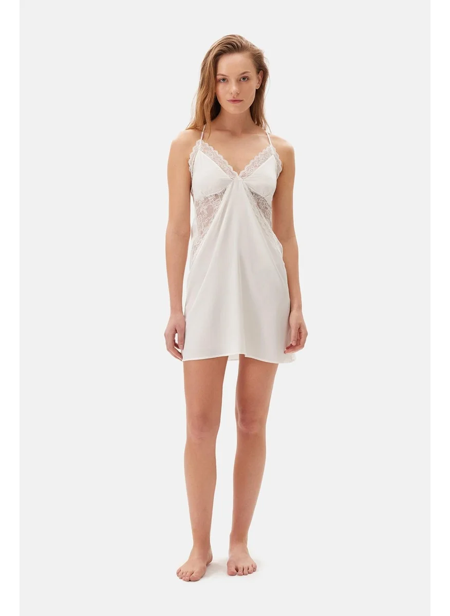 dagi White Lace Detailed Satin Nightgown