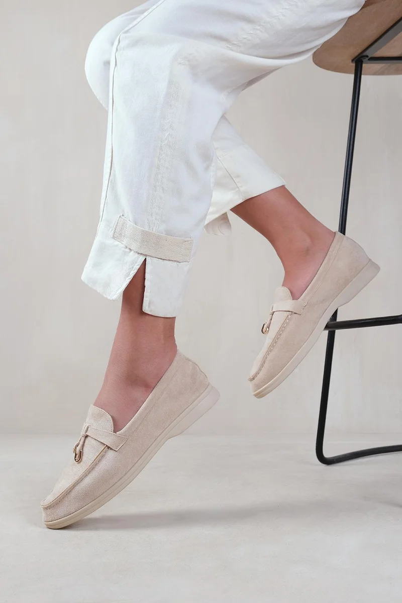 Where's That From Pegasus Slip On Trim Loafers With Accessory Detailing In Beige Suede