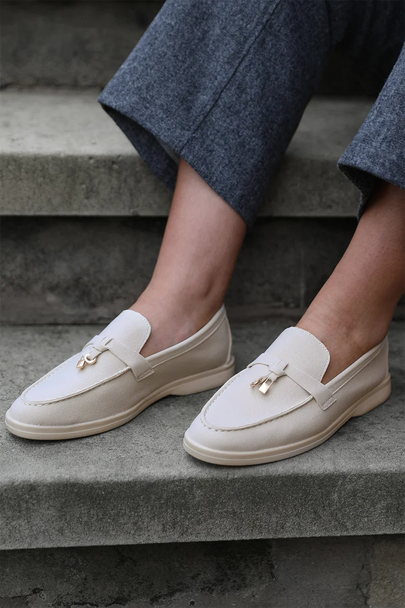 Where's That From Pegasus Slip On Trim Loafers With Accessory Detailing In Beige Suede