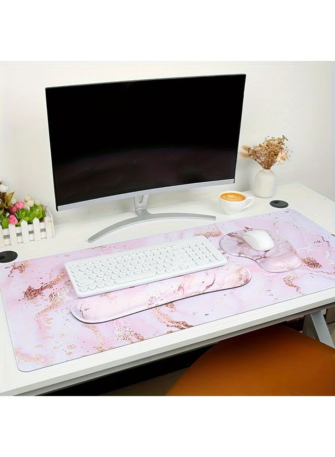 4 Pcs Pink Ergonomic Extended Mouse Pad Set With Keyboard Wrist Rest And Wrist Support Non Slip Base Comfortable Mousepad Marble Coaster For Office Home Working Studying - Image 2