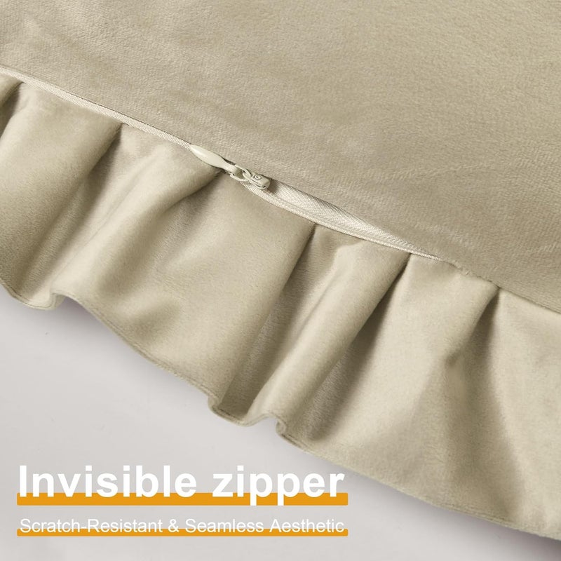 JIUZHEN Beige Velvet Throw Pillow Covers 16x16 for Couch Sofa Livingroom Bed，Decorative Soild Throw Pillow Covers, Set of 2 with Ruffles - Image 4