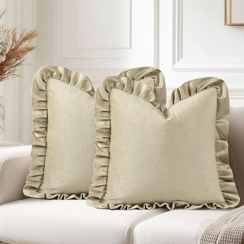 JIUZHEN Beige Velvet Throw Pillow Covers 16x16 for Couch Sofa Livingroom Bed，Decorative Soild Throw Pillow Covers, Set of 2 with Ruffles - Image 1