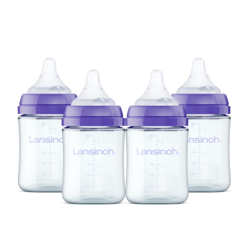 Lansinoh Anti-Colic Glass Baby Bottles, 5 Ounces, 4 Count Bottles for Feeding, Baby Essentials, Includes 4 Extra Slow Flow Nipples, Size XS - Image 1