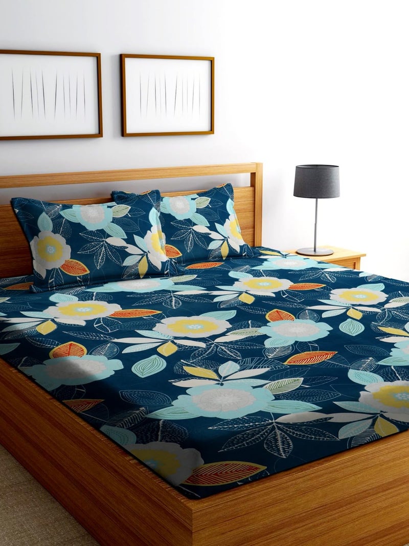 DECORUM 144 TC Fitted Elastic Printed Bedsheet with 2 Pillow Cover (Blue Multi Flower) - Image 1