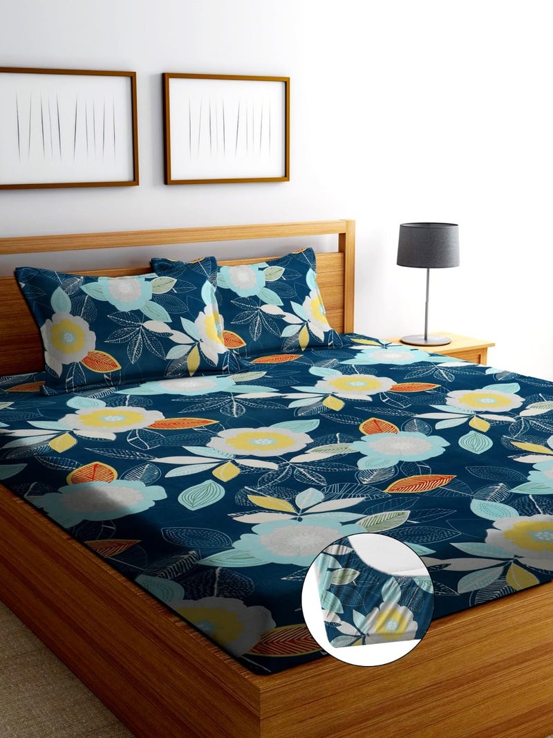 DECORUM 144 TC Fitted Elastic Printed Bedsheet with 2 Pillow Cover (Blue Multi Flower) - Image 2