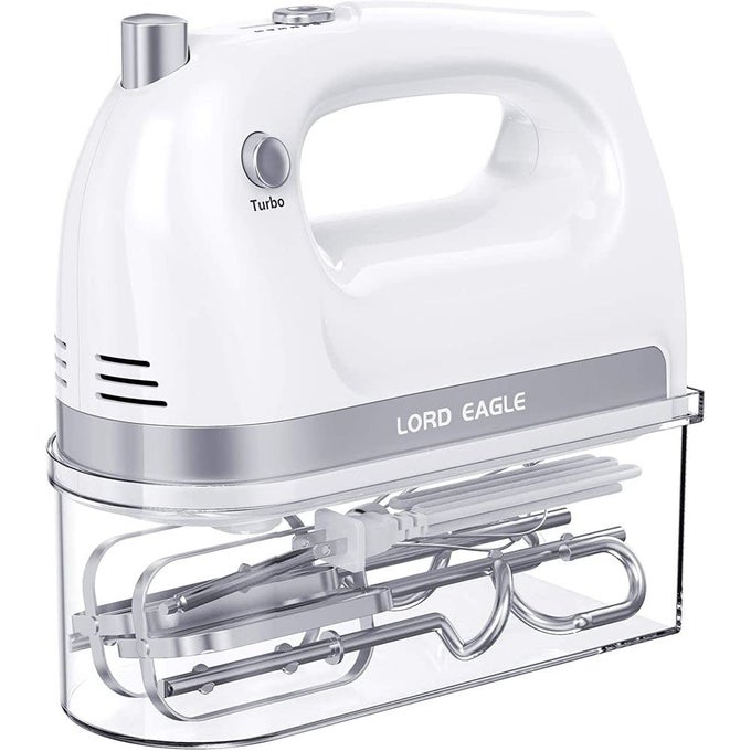HAND MIXER ELECTRIC 400W 5 SPEED HANDHELD MIXER 5 STAINLESS STEEL ACCESSORIES FOR BAKING CAKE EGG CREAM FOOD BEATER TURBO BOOSTSELFCONTROL SPEED EJECT BUTTON WHITE