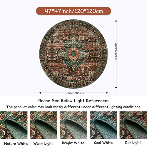 Moynesa Ultra-Thin Washable Round Rug - 4ft Oriental Circle Area Rugs for Bedroom Entryway, Vintage Non Slip Non Shedding Low Pile Carpet for Living Room Coffee Table Kitchen, Beige/Gold - Image 5